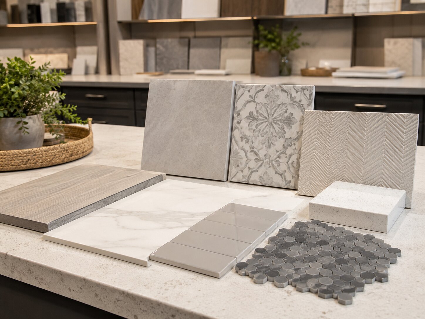Mostruário de revestimentos e azulejos modernos em mesa