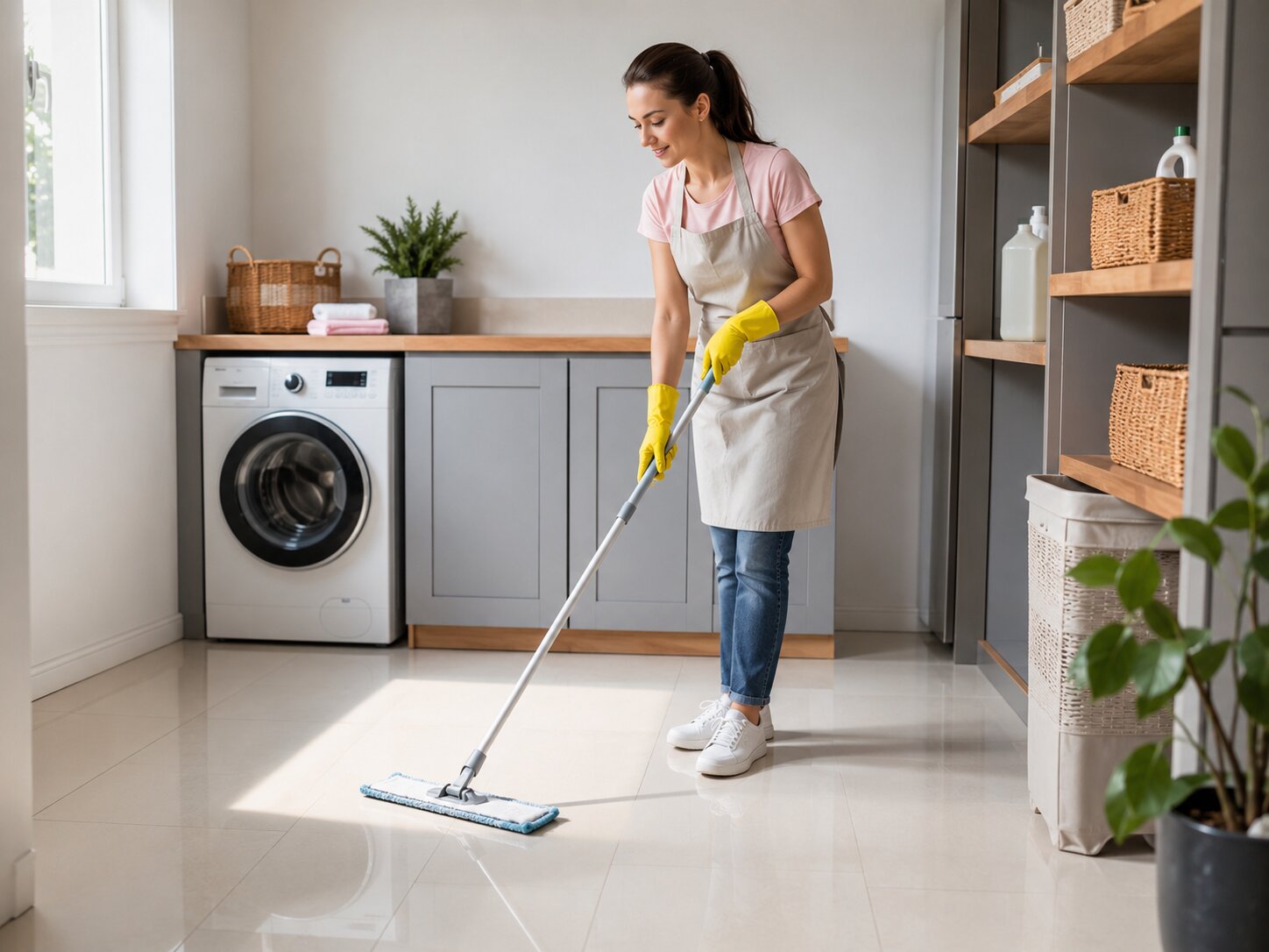 Mulher limpando o chão da cozinha com vassoura úmida