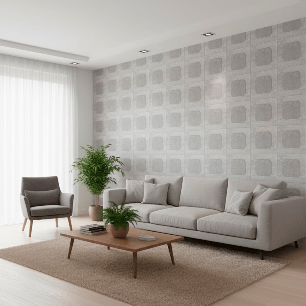 Sala de estar moderna com sofá e plantas decorativas