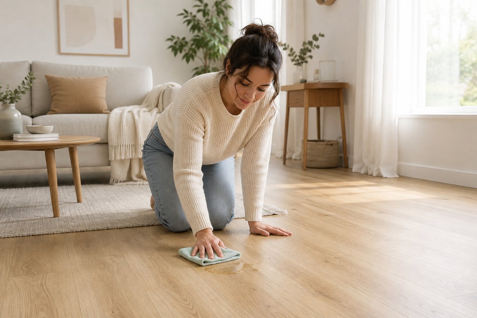 Mulher limpando o chão da sala com pano